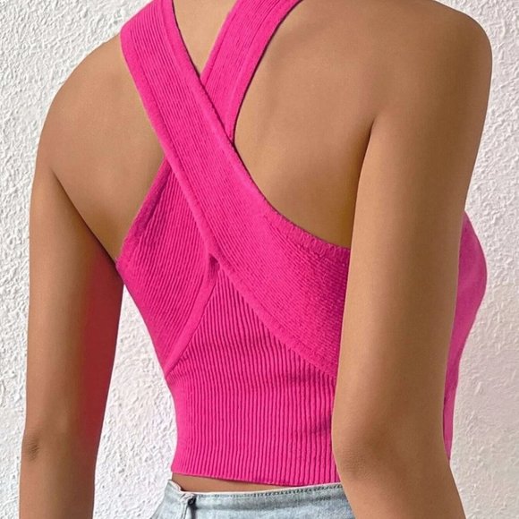 Pink Preppy Criss Cross Crop Womens Knit Top - Picture 3 of 5